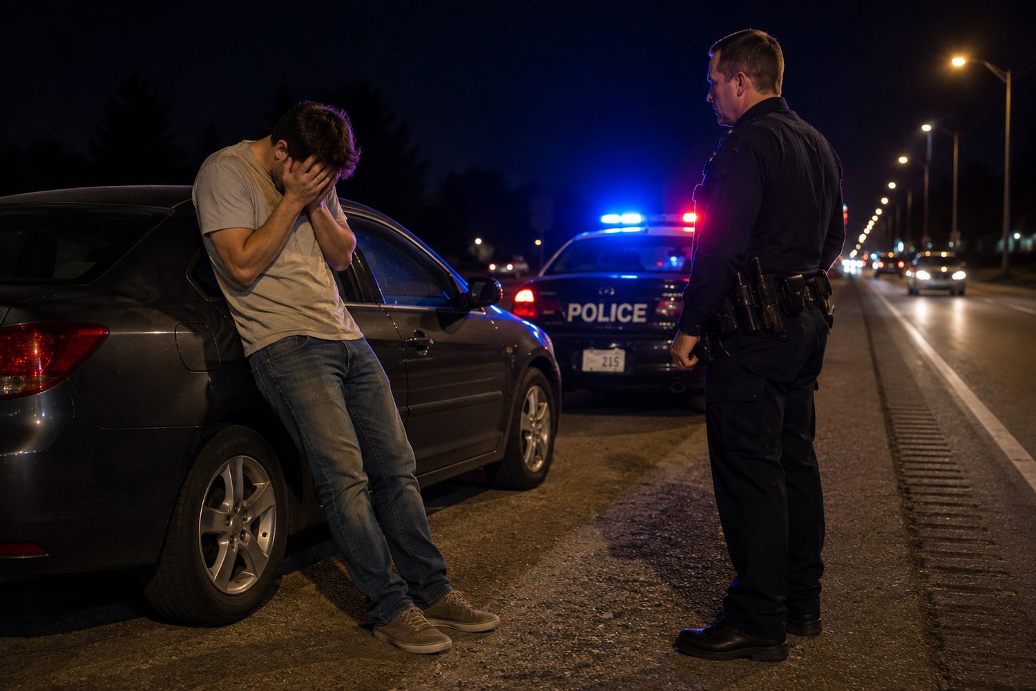 A driver stopped by police at night on a Michigan roadside, representing a High BAC super drunk charge