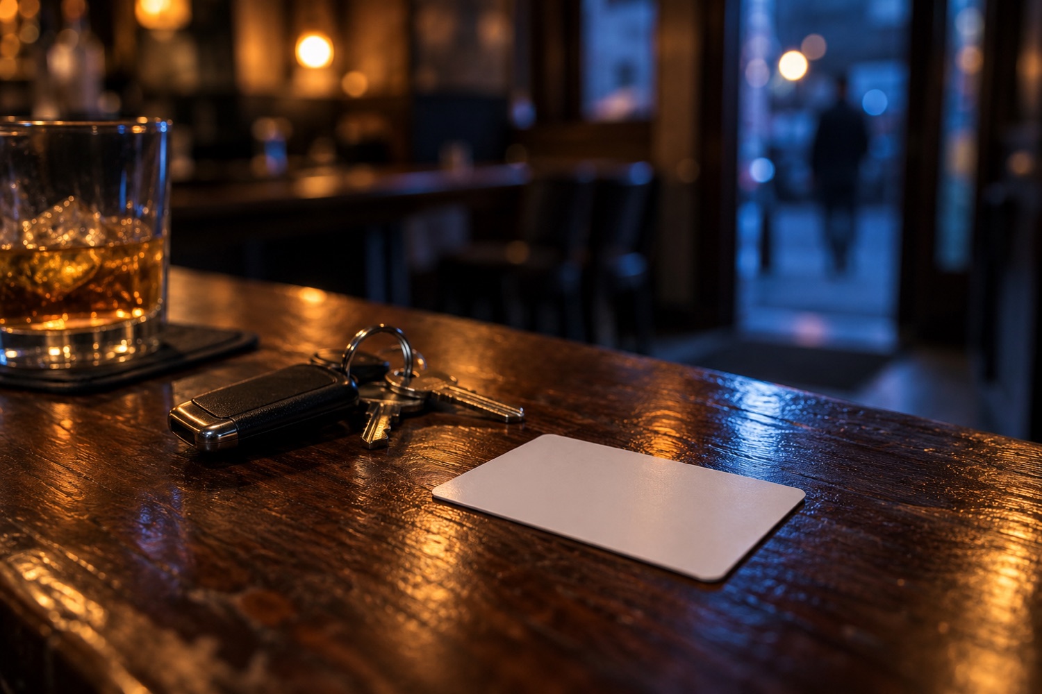 A blank identification card face-down on a bar counter at night, representing a Michigan fake ID charge