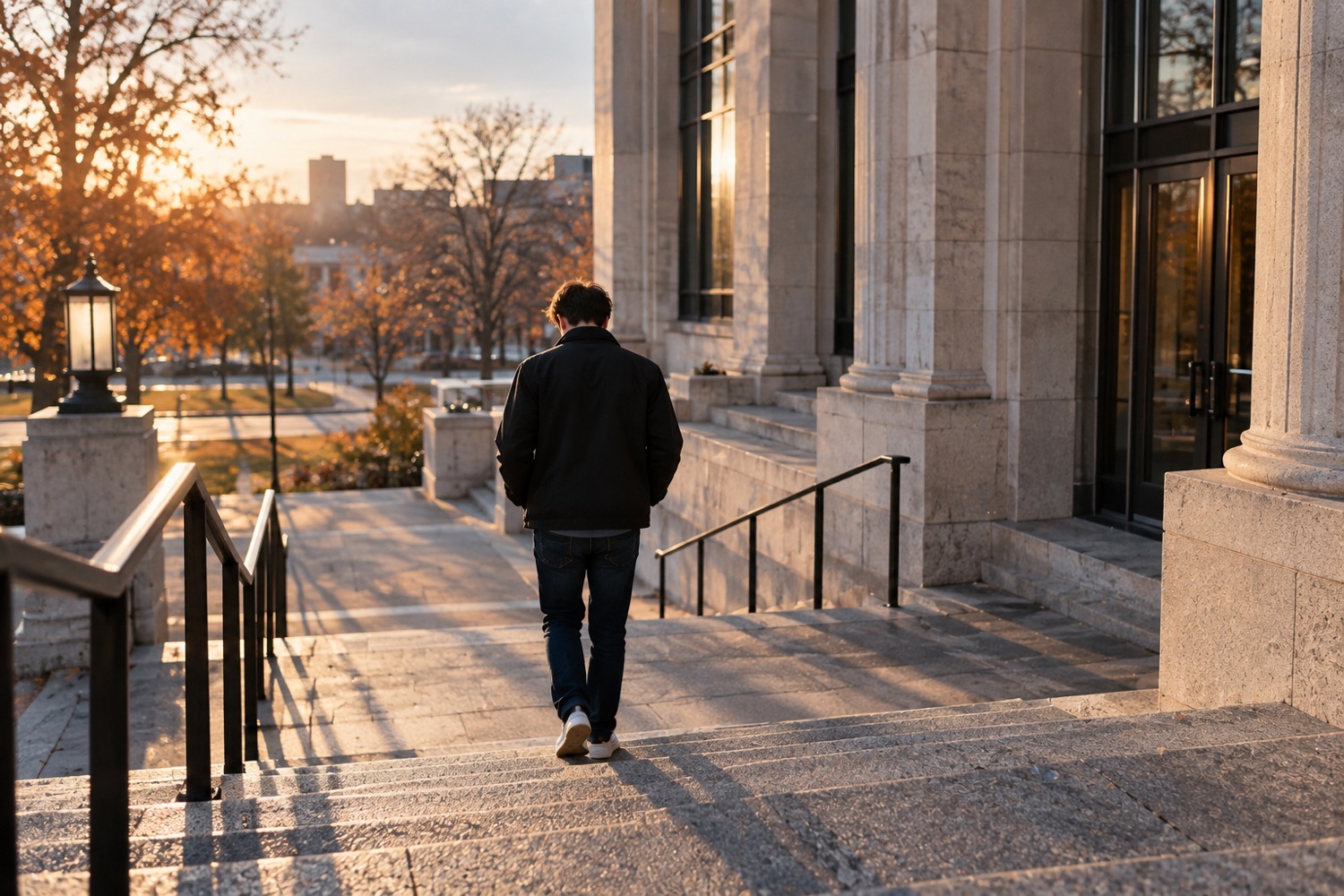 A young adult walking down courthouse steps into morning light, representing a Michigan HYTA dismissal