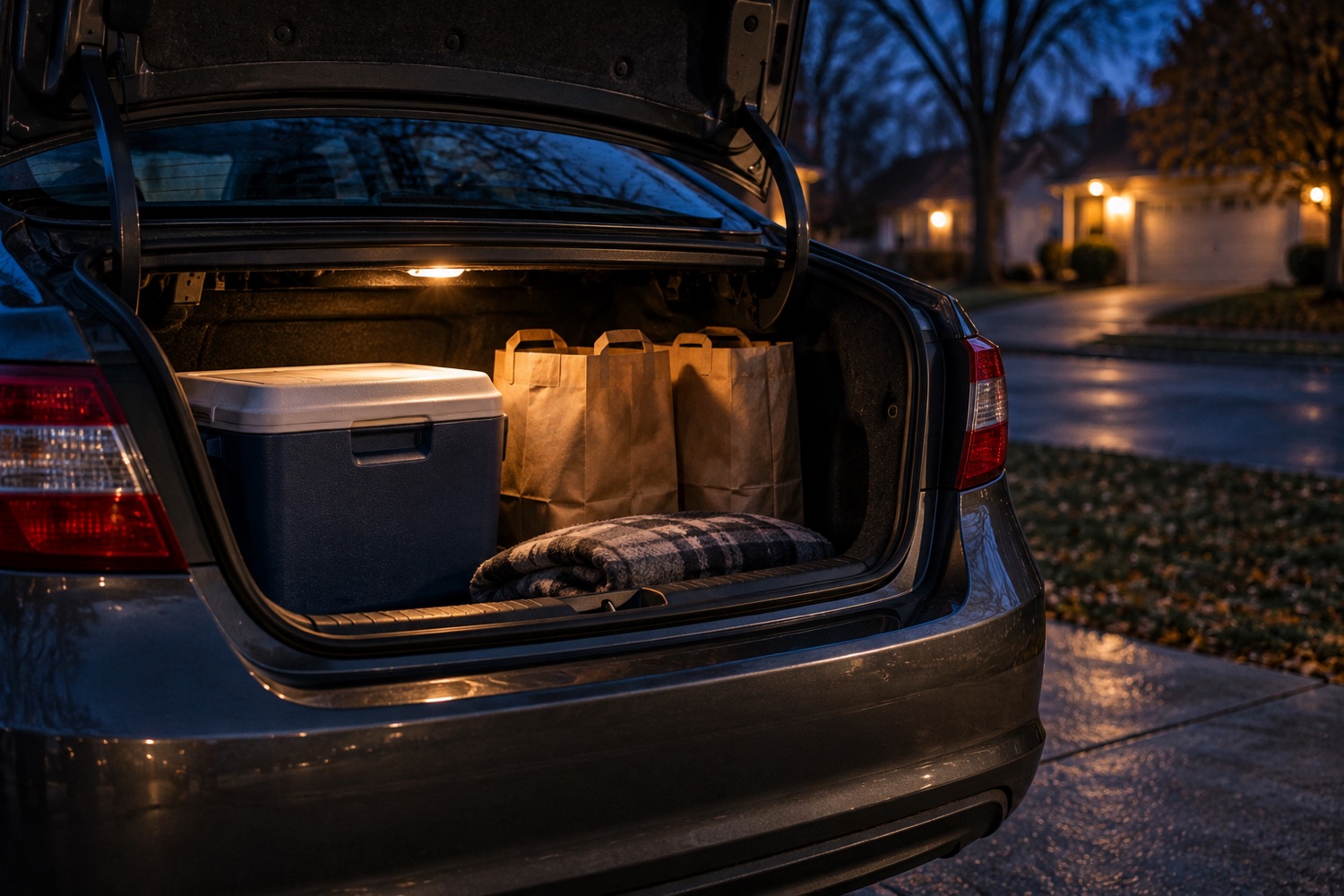 An open car trunk at night holding a cooler and grocery bags, representing where a container may ride under Michigan law